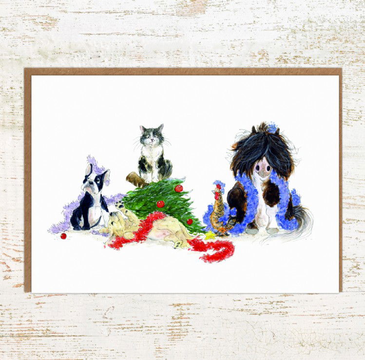Deck the Halls Pony and Dog Christmas Card - animal lovers Christmas card