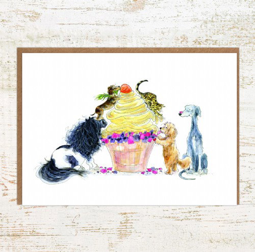 Everyone loves cake - pony and dogs birthday card