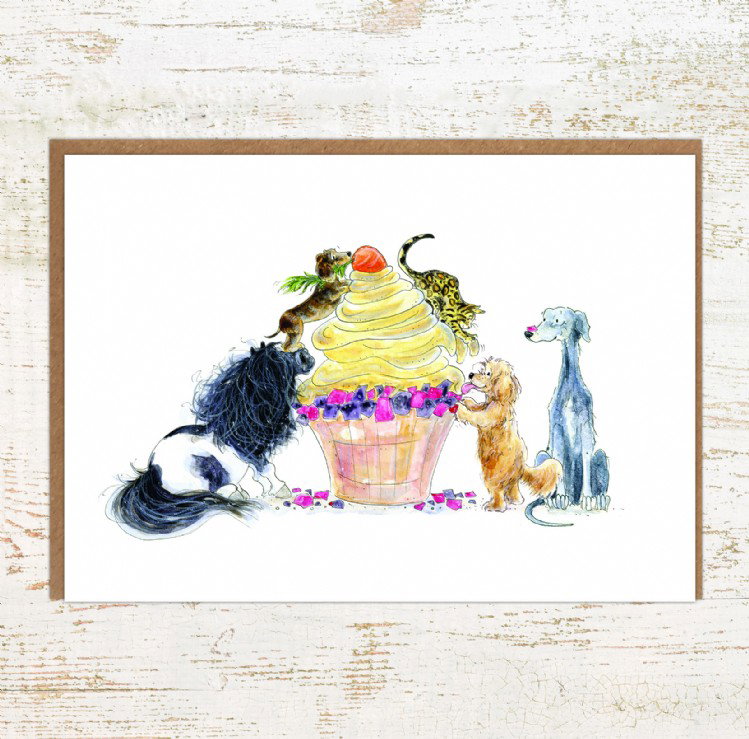 Everyone loves cake - pony and dogs birthday card