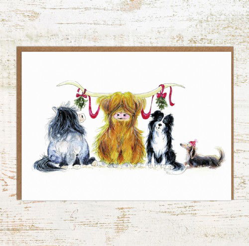 Highland Cow Christmas Card with pony and dogs for animal lovers