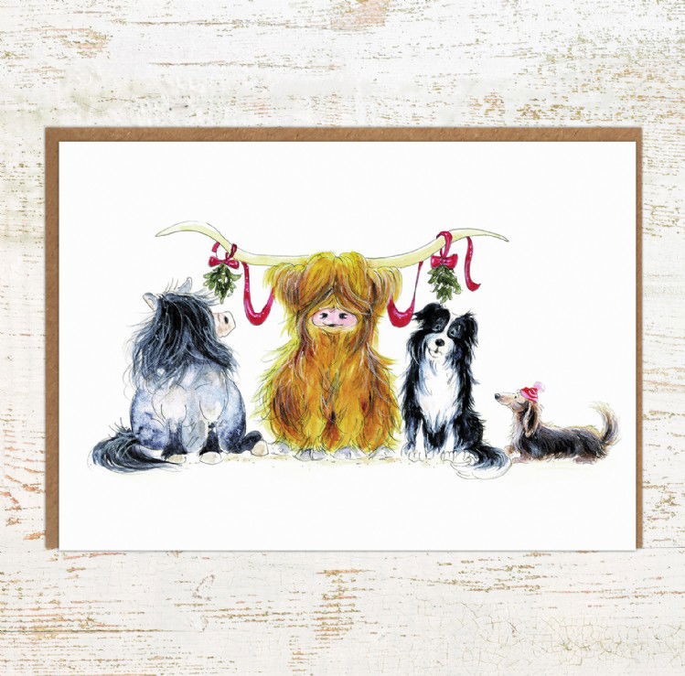 Highland Cow Christmas Card with pony and dogs for animal lovers