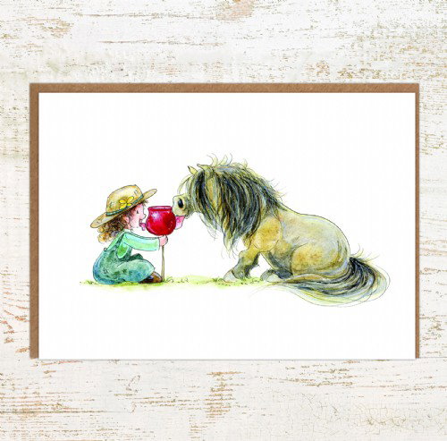 Sweet child and pony birthday card for pony lovers