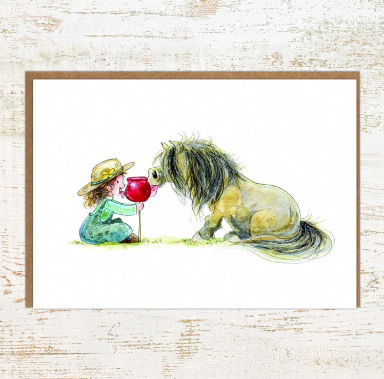 Sweet child and pony birthday card for pony lovers