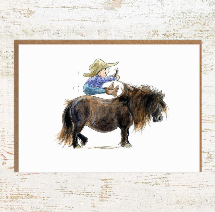 Where’s The Go Button Funny Child and Pony Greetings Card 